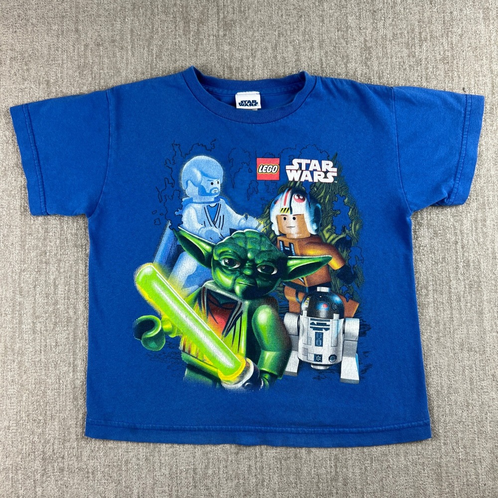 Lego Star Wars T-Shirt Kids Size S 7 Blue Yoda R2-D2 Luke Skywalker‎ Graphic Tee